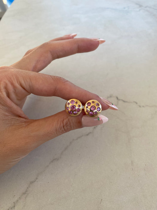 14K Gold Pink Flush Set Button Sapphire Stud Earrings