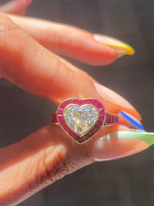 14K Lab Diamond Heart Ring with Natural Ruby Halo