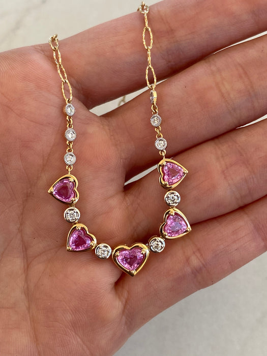 14K Gold Pink Sapphire Heart & Diamond Paperclip Necklace – 2.20 TCW Pink Sapphires