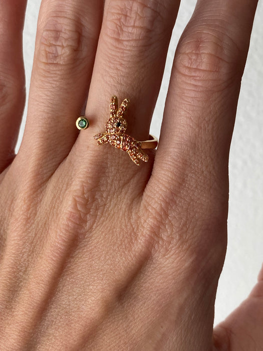 Vintage 18K Gold Orange Sapphire Rabbit Ring with Black Diamond Eye & Emerald Accent