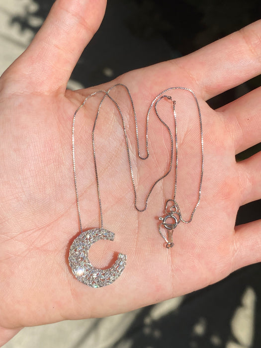 18k white gold box chain with 18k white gold baguette diamond crescent moon