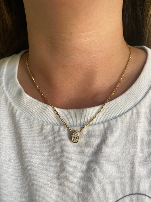 14K Solid Gold Biker Chain 1.1 Carat Pear Lab Diamond Necklace