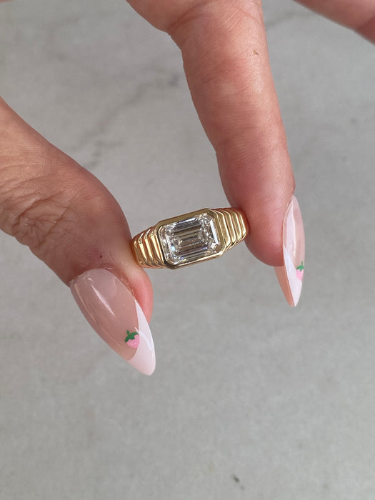 14K Ribbed 2 Carat Emerald Cut Lab Diamond Ring- IGI