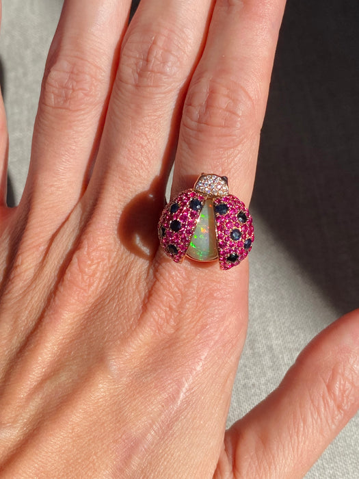 18K Rose Gold Ruby & Diamond Ladybug Ring with Hidden Opal
