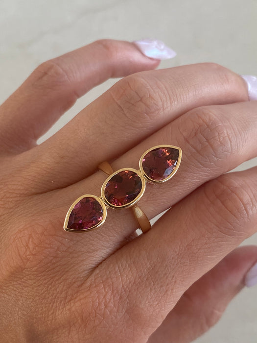 14K Gold Rubellite Tourmaline Three-Stone Vertical Ring