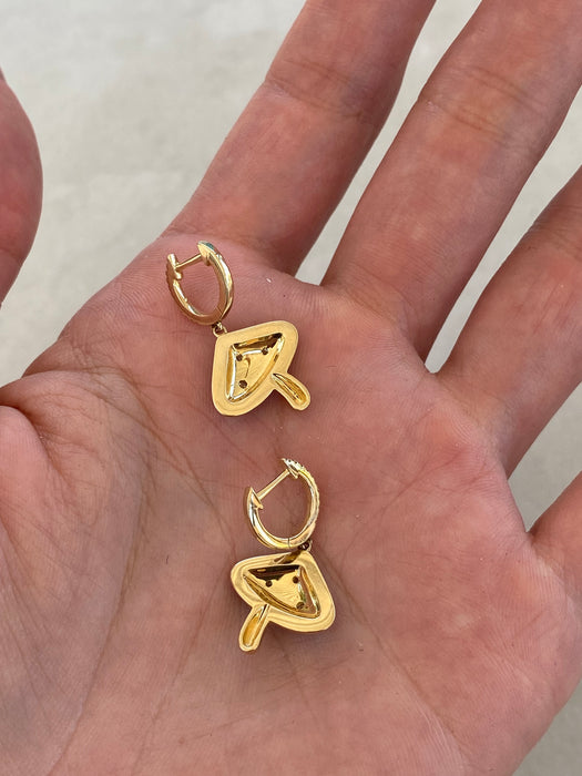 14K Gold Diamond Huggie Earrings with Blue Enamel Mushroom Charms