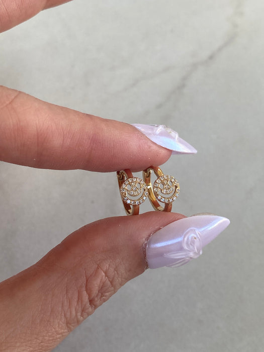 14K Natural Diamond Smiley Huggie Earrings