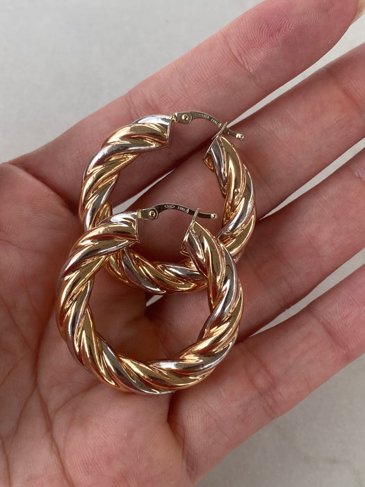 Vintage 14K Rose & White Gold Twist Hoop Earrings