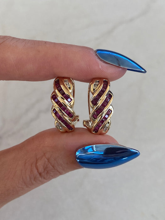 Vintage 14K Ruby & Diamond Braided Earrings