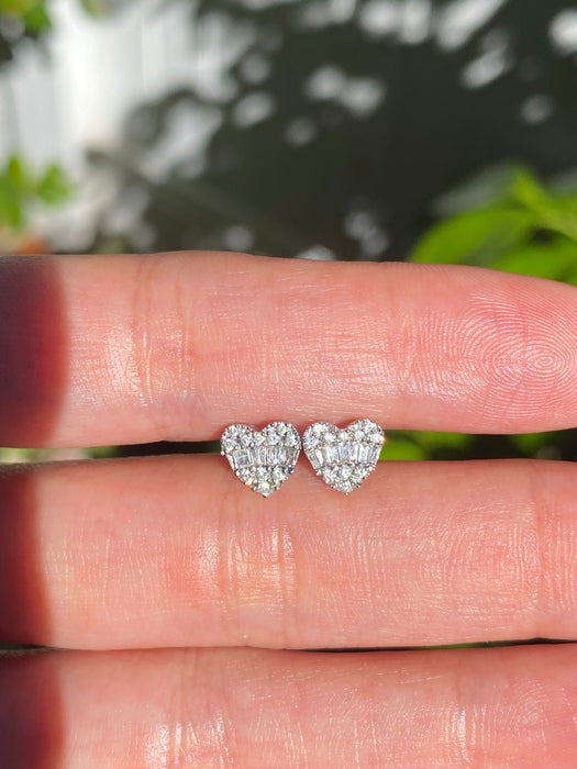 18K White Gold Diamond Heart Stud Earrings – Baguette & Round Diamonds 0.11 TCW