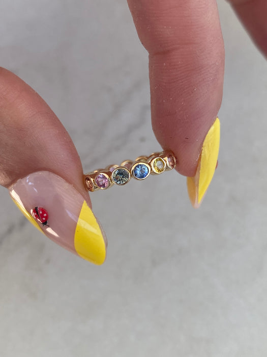 14K Gold Bezel Set Rainbow Sapphire Pinky Ring – 1.05 TCW Sapphire – Size 1.5