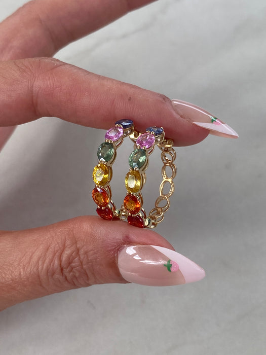 14K 6 TCW Rainbow Sapphire Oval Hoop Earrings