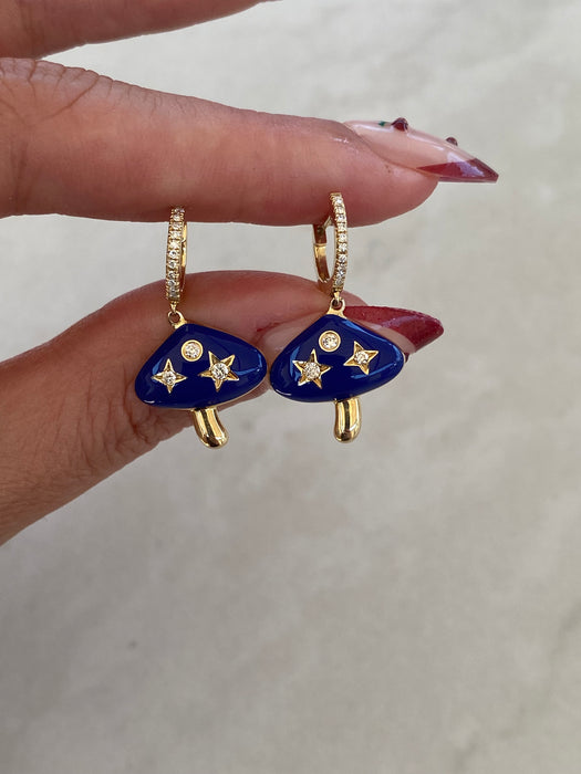 14K Gold Diamond Huggie Earrings with Blue Enamel Mushroom Charms