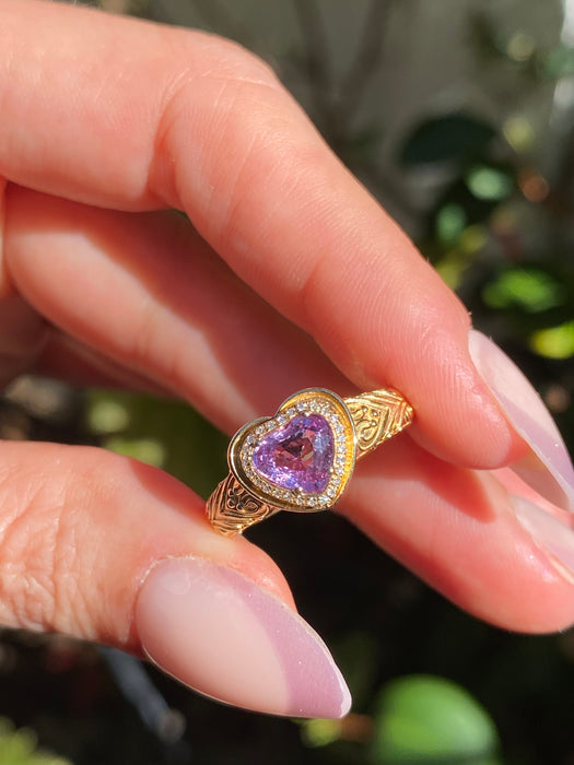 18K Gold Pink Sapphire Heart & Diamond Ring – 1.03 CT Unheated Sapphire – Size 6.5