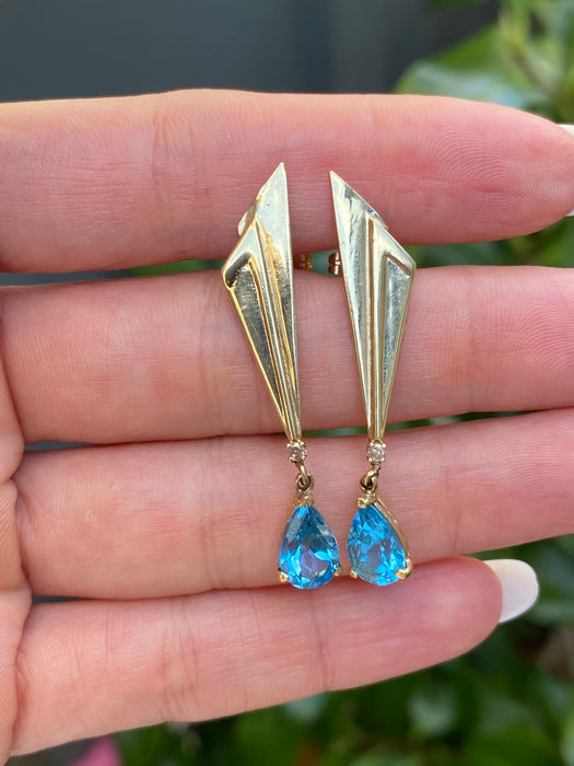 Vintage 14K Gold Blue Topaz Diamond Dangle Earrings