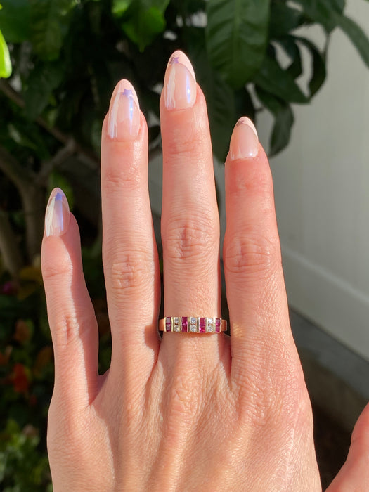 Vintage 14K Gold Ruby & Diamond Ring – Princess Cut Rubies with Round Diamonds – Size 7