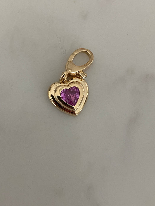 14K Gold Double Bezel Pink Sapphire Heart Charm
