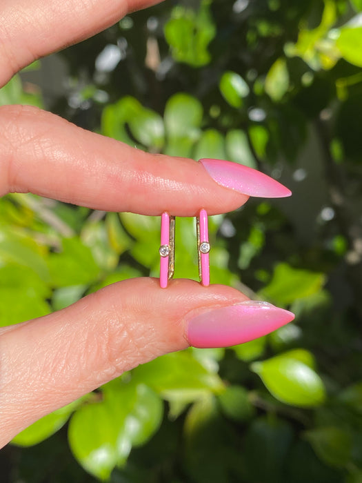 14k Pink Enamel Diamond Rectangular Huggie Earrings