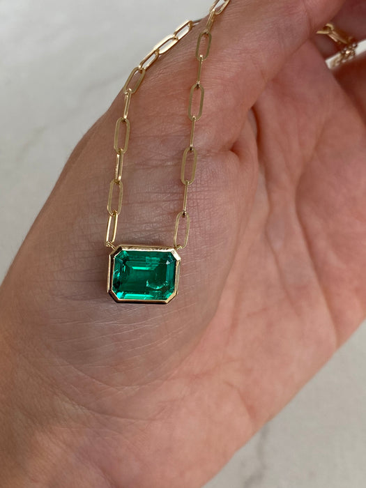 14K Gold Paperclip Chain Necklace with Lab-Grown Emerald Pendant