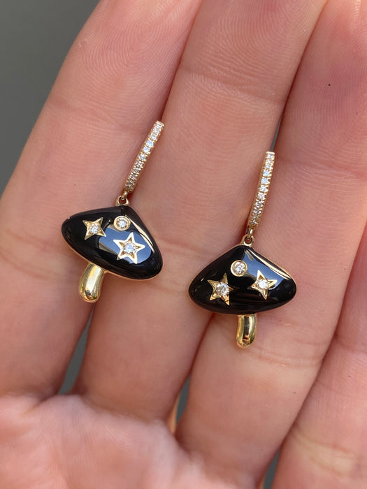 14K Gold Diamond Huggie Earrings with Black Enamel Mushroom Charms