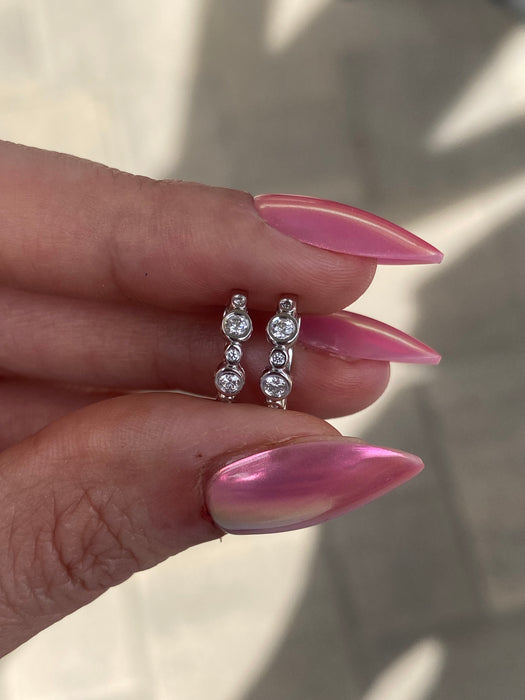 14K White Gold Bezel Set Diamond Huggie Earrings