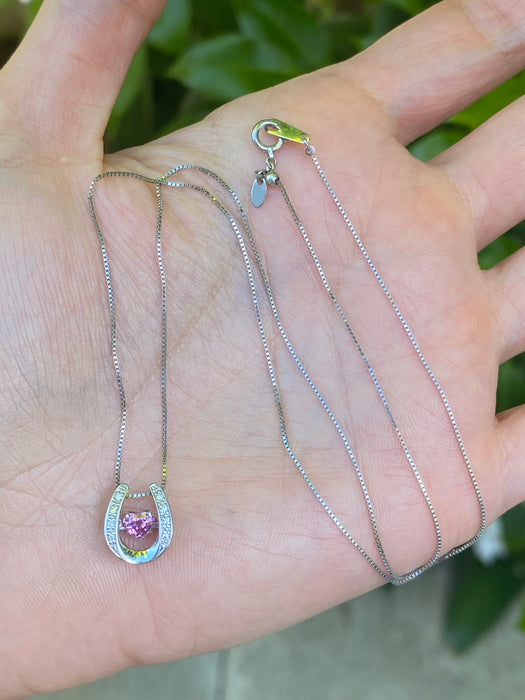 Vintage Platinum Pink Sapphire Heart & Diamond Horseshoe Dancing Necklace