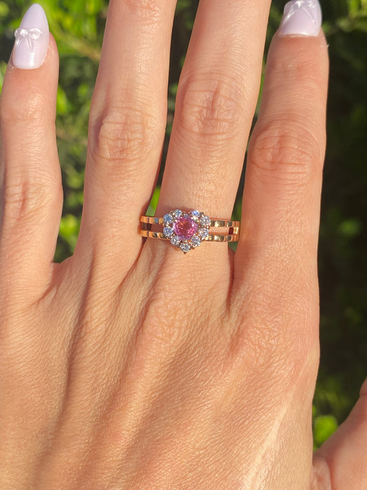 Vintage 18K Rose Gold Pink Sapphire Heart Ring with Diamond Halo – Size 7