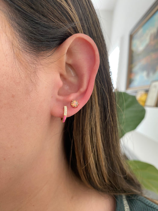 14K Gold Pink Enamel & Pavé Diamond Huggie Earrings – 12mm