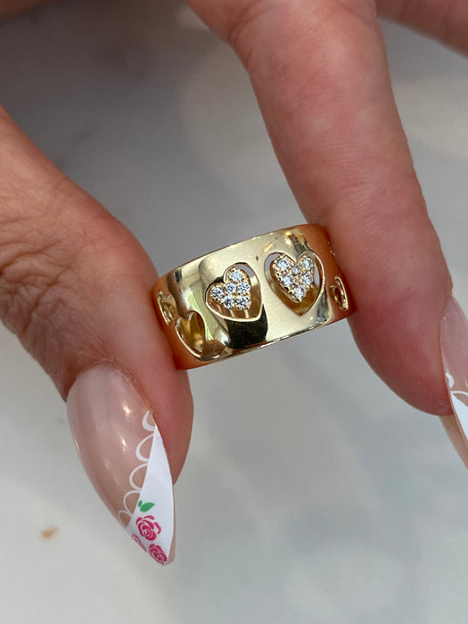 14K Gold Cigar Band Heart Cut Out Diamond Ring