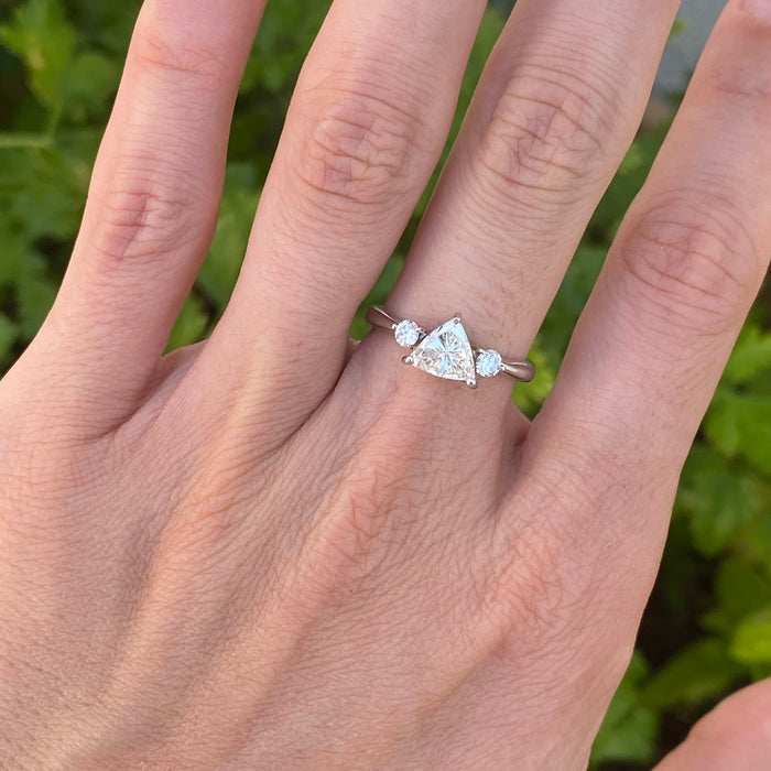 Vintage Platinum Trilogy Diamond Ring – 1.02ct Trillion Center, Size 6.25