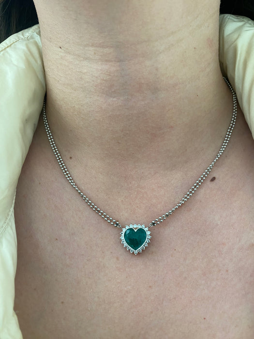 Platinum 850 bezel set 3.5 carat emerald heart and diamond bead necklace