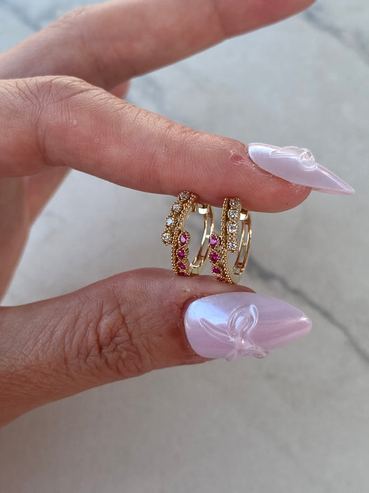 14K Gold Ruby & Diamond Huggie Earrings