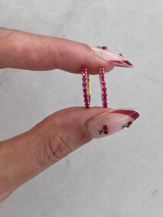 14K Gold Natural Ruby Huggie Hoop Earrings