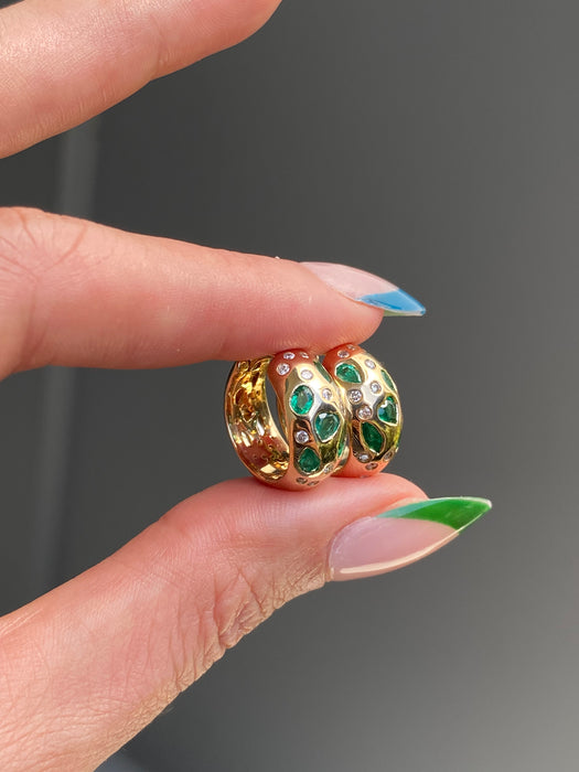 14k emerald fancy diamond heart hoop earrings