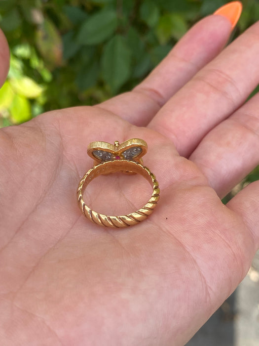 Vintage 18K & Platinum Diamond Ruby Butterfly Twist Croissant Ring – Size 5.5