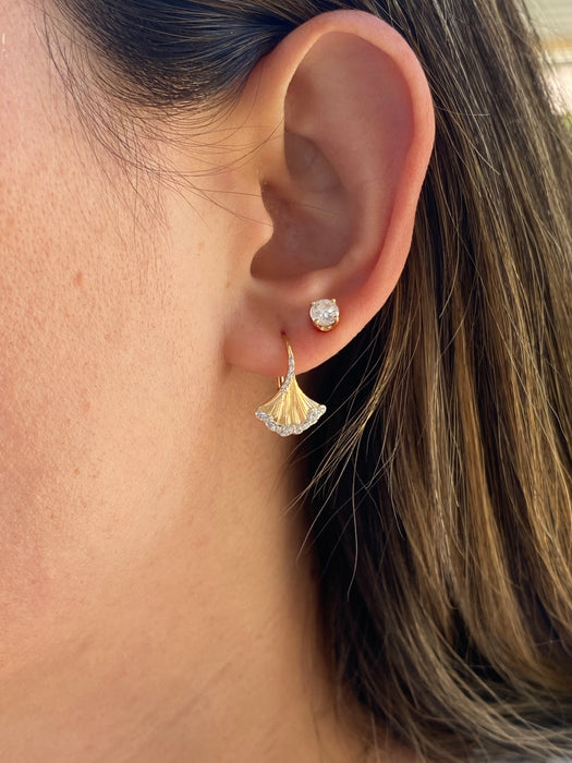 14K Gold Natural Diamond Feather Fluted Leverback Huggie Earrings