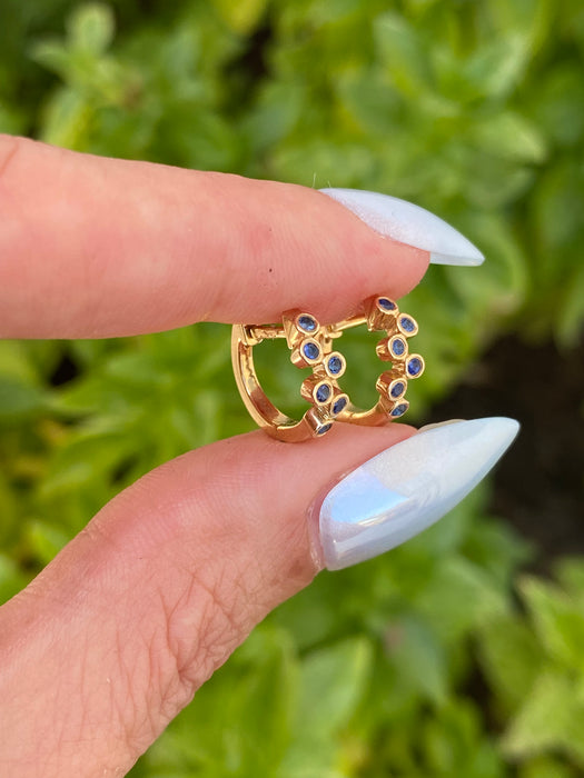 14K Gold Blue Sapphire Bezel Set Huggie Earrings