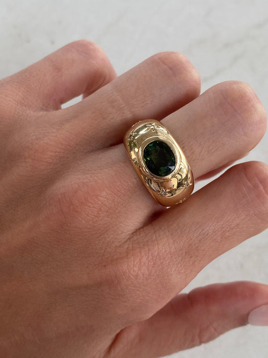14K Green Tourmaline & Diamond Star Bombe Ring