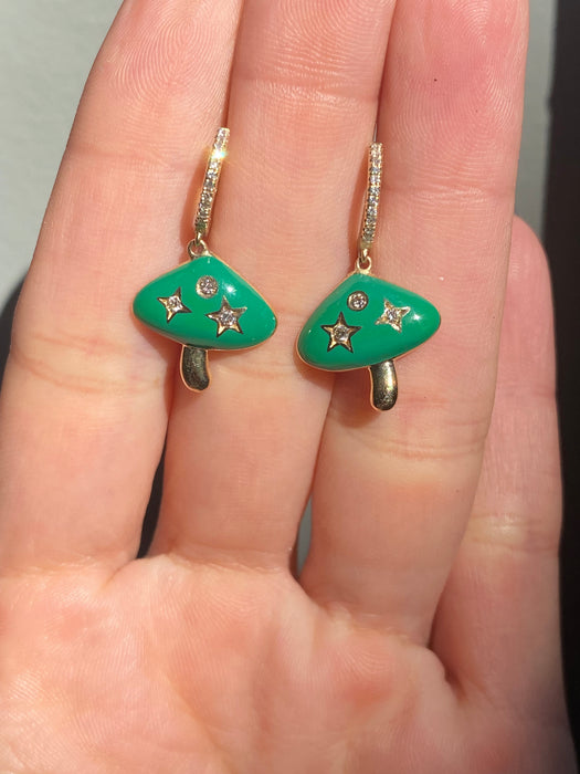 14k green enamel diamond mushroom huggie earrings