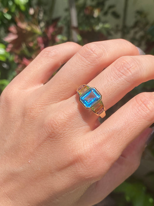 18k blue topaz, peridot, citrine amethyst ring size 6.5