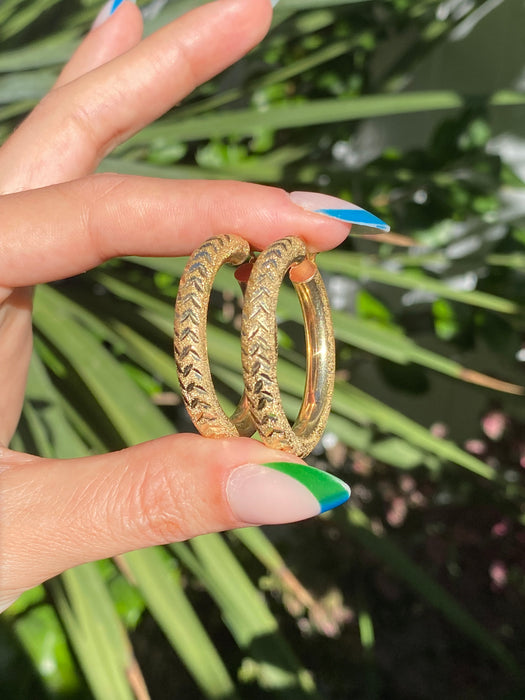 14k diamond cut textured hoop earrings