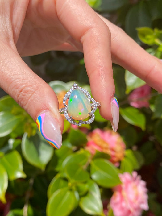 Platinum 900 opal and diamond ring size 6.5