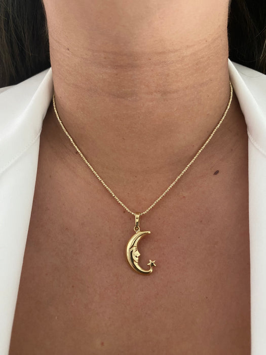 14k puffy moon with star charm pendant