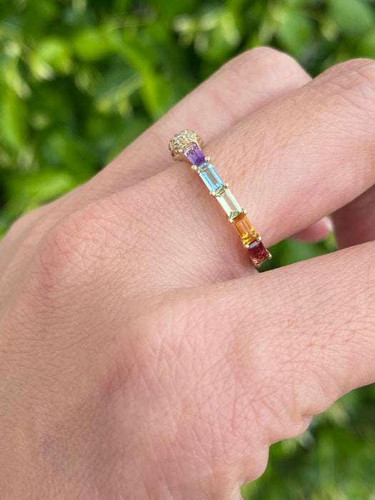 14K Gold Rainbow Gemstone & Diamond Snake Ring (Size 7)
