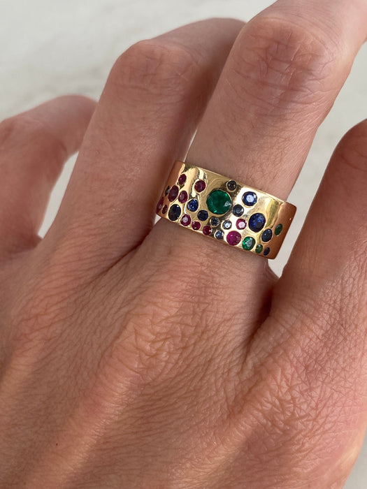 14K Gold Ruby, Emerald & Sapphire Cigar Ring Size 6.75