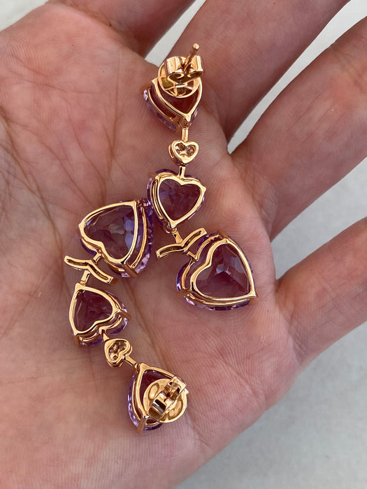 18K Rose Gold Amethyst & Diamond Heart Drop Earrings