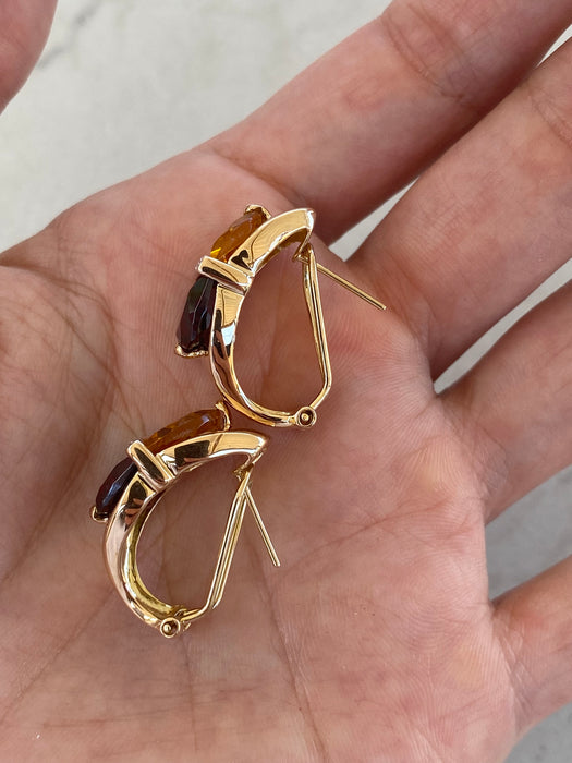 Vintage 14K Gold Garnet, Citrine & Diamond Half Moon Earrings with Omega Backs