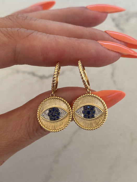 14K Gold Evil Eye Sapphire & Diamond Huggie Earrings