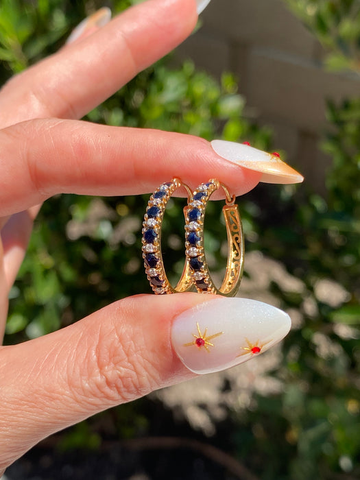 Vintage 14K Gold Blue Sapphire & Diamond Hoop Earrings