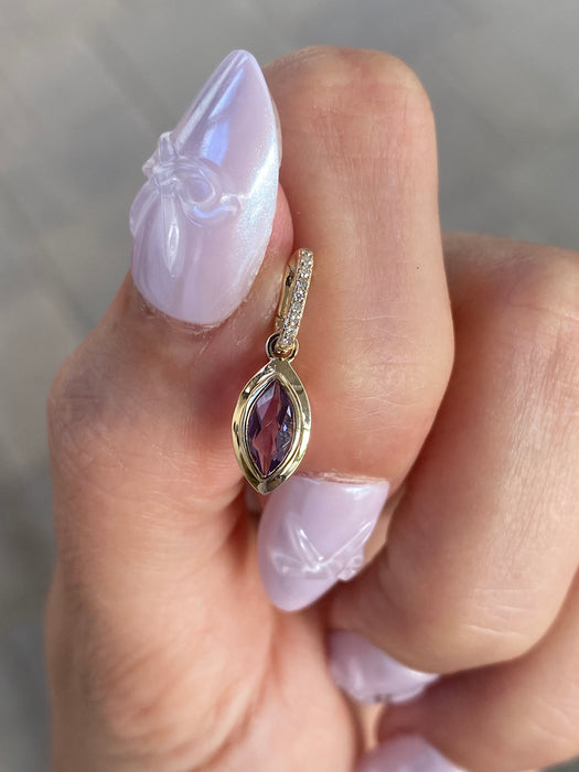 14K Gold Oval Marquise Amethyst & Diamond Double Bezel Charm